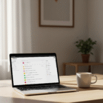 Minimalist workspace with Notion dashboard open on laptop used for daily energy tracking.