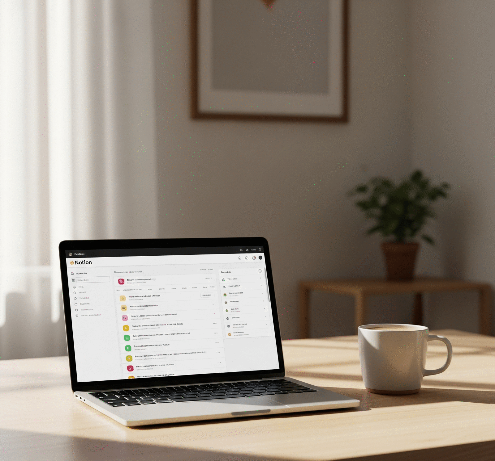 Minimalist workspace with Notion dashboard open on laptop used for daily energy tracking.