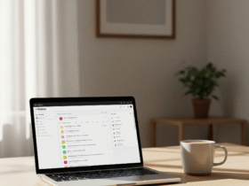 Minimalist workspace with Notion dashboard open on laptop used for daily energy tracking.