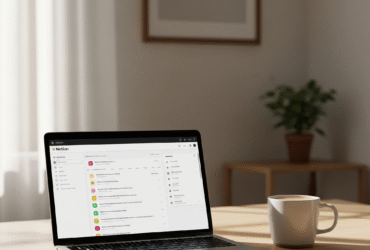 Minimalist workspace with Notion dashboard open on laptop used for daily energy tracking.