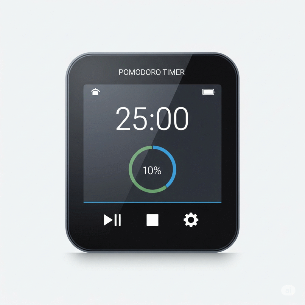digital Pomodoro Timer. The screen shows a clean "25:00" display with a circular progress bar and minimalist play/pause and settings icons below. The timer is black with a blue and green interface, set against a light gray background.