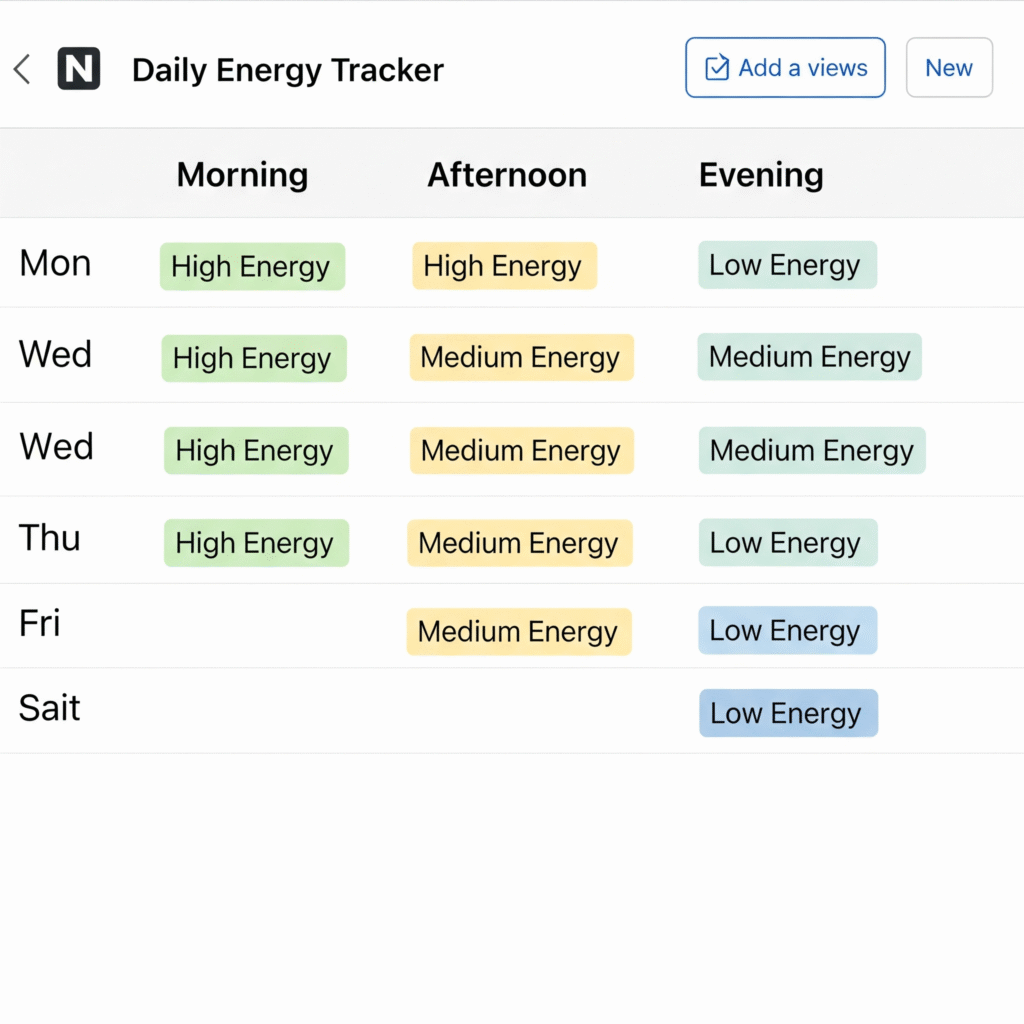 Notion daily energy tracker template with color-coded tags for morning, afternoon, and evening reflection.