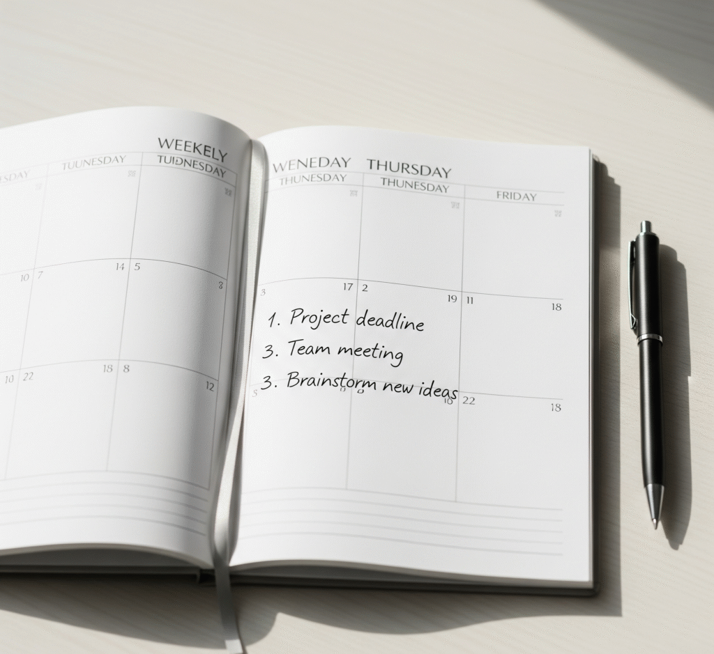 A flat lay of an open weekly planner with only three simple priorities written in clean handwriting. Minimal clutter, soft natural light, with a pen placed neatly beside the planner.
