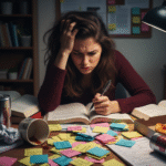 Overwhelmed student surrounded by flashcards while studying