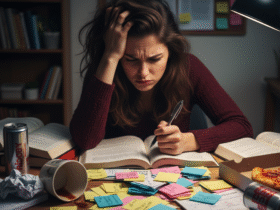 Overwhelmed student surrounded by flashcards while studying