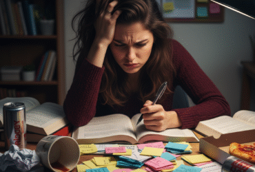 Overwhelmed student surrounded by flashcards while studying