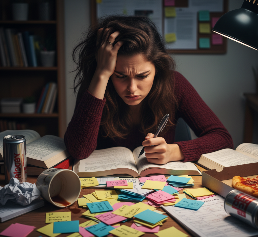 Overwhelmed student surrounded by flashcards while studying