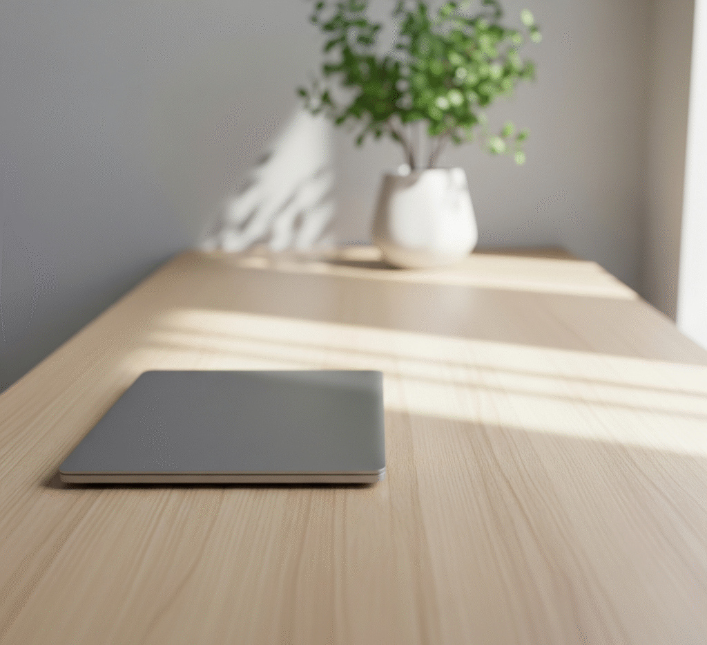 A minimalist desk with a closed laptop, no clutter, and plenty of open space. Clean, airy design with soft daylight and a single plant in the background.