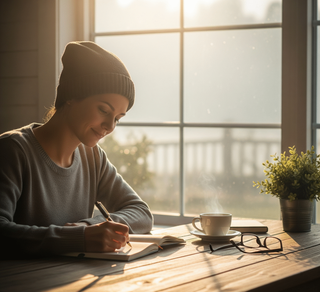 A serene person journaling at a wooden table near a large window, morning light streaming in, coffee cup nearby. Peaceful and reflective mood.