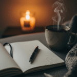 A cozy Sunday night scene with a journal and pen on a wooden coffee table, a steaming mug of tea, and a candle glowing softly. Warm, ambient lighting, minimalist and calming atmosphere.