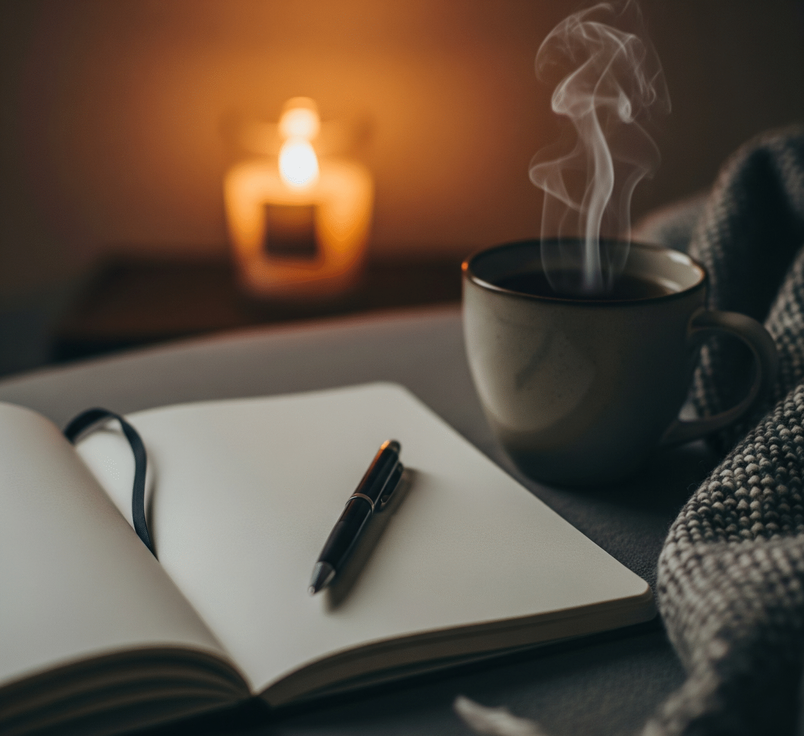 A cozy Sunday night scene with a journal and pen on a wooden coffee table, a steaming mug of tea, and a candle glowing softly. Warm, ambient lighting, minimalist and calming atmosphere.