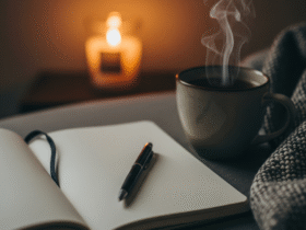 A cozy Sunday night scene with a journal and pen on a wooden coffee table, a steaming mug of tea, and a candle glowing softly. Warm, ambient lighting, minimalist and calming atmosphere.