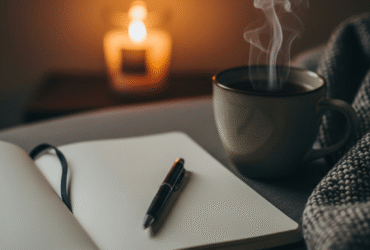 A cozy Sunday night scene with a journal and pen on a wooden coffee table, a steaming mug of tea, and a candle glowing softly. Warm, ambient lighting, minimalist and calming atmosphere.