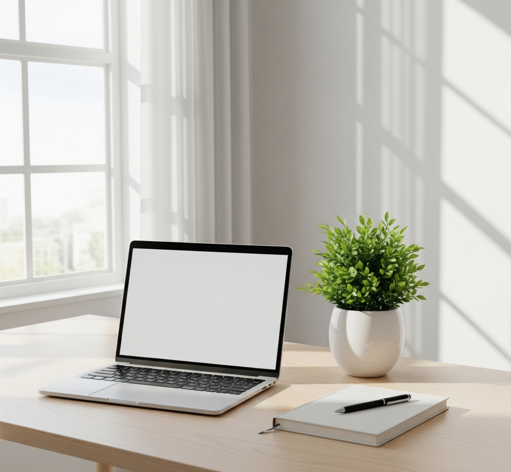 Clean desk setup with laptop and plant symbolizing weekly reset for clarity and focus
