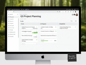 Minimalist Notion dashboard on a laptop screen, clean layout with only a few icons, soft natural lighting.