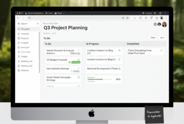 Minimalist Notion dashboard on a laptop screen, clean layout with only a few icons, soft natural lighting.