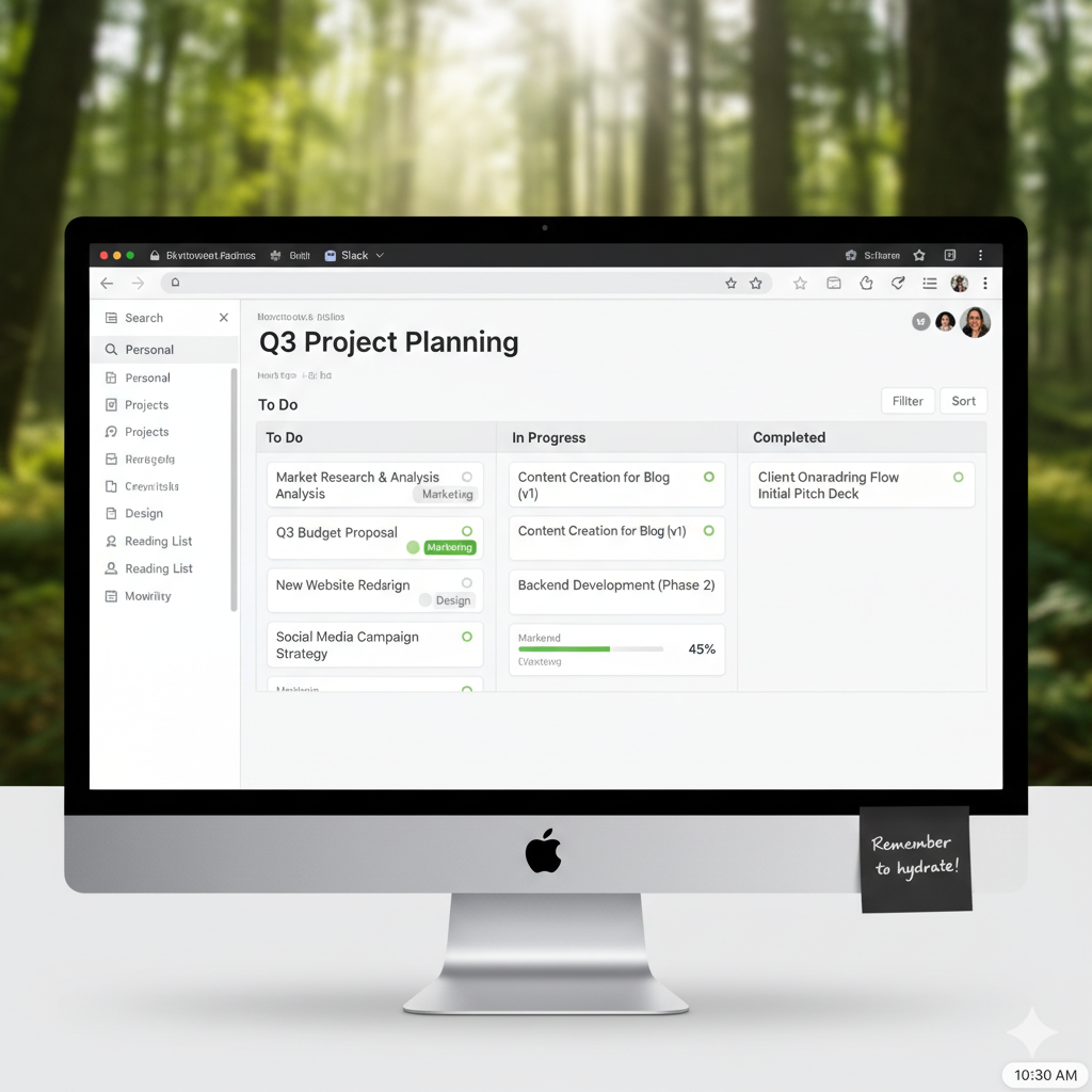 Minimalist Notion dashboard on a laptop screen, clean layout with only a few icons, soft natural lighting.
