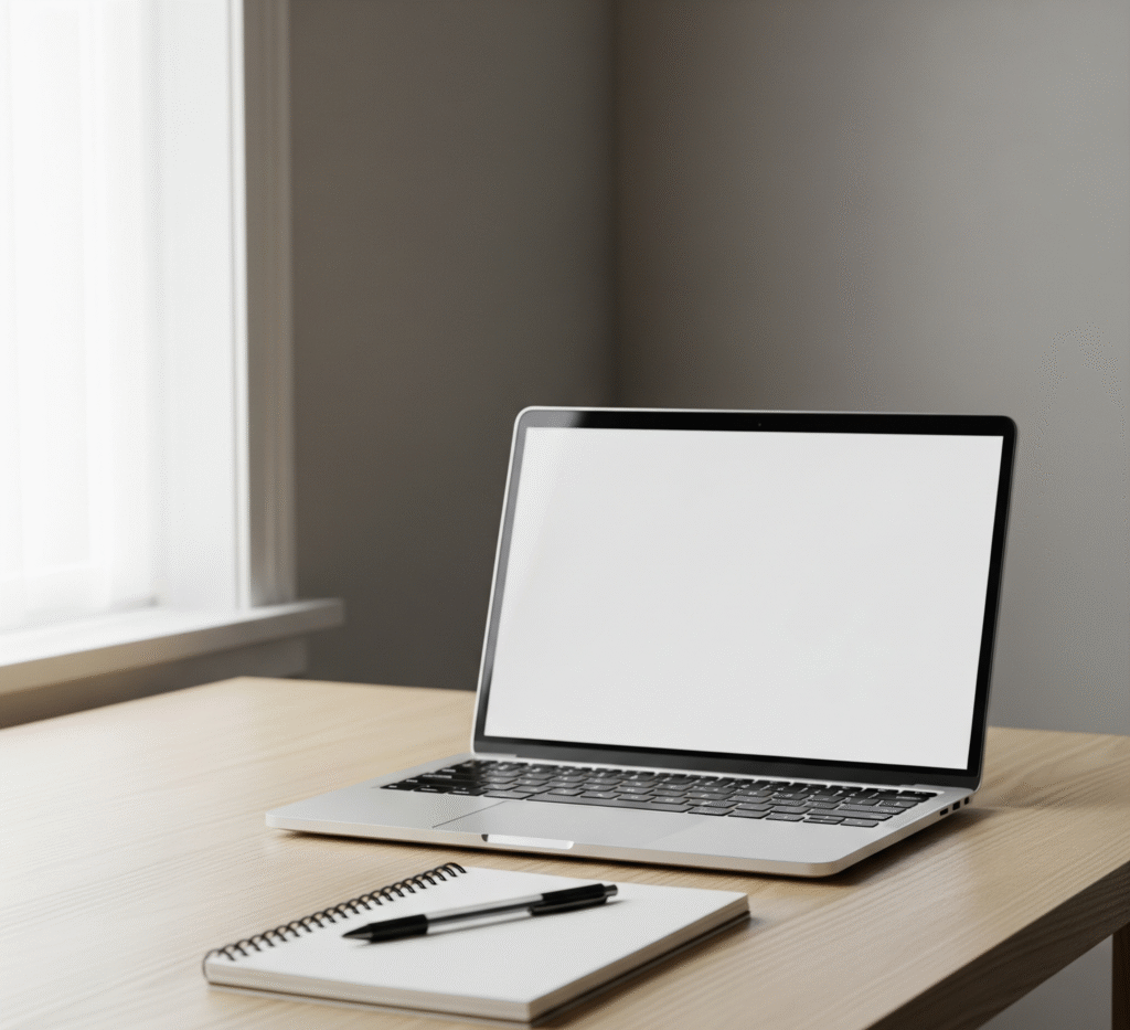 Minimalist workspace with laptop and coffee for digital productivity