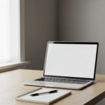 Minimalist workspace with laptop and coffee for digital productivity