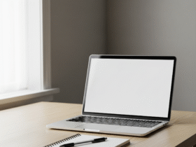 Minimalist workspace with laptop and coffee for digital productivity