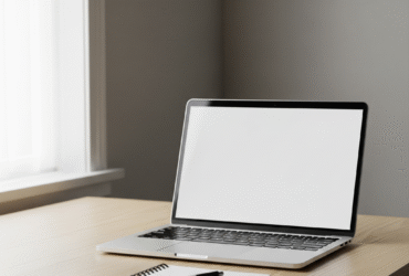 Minimalist workspace with laptop and coffee for digital productivity