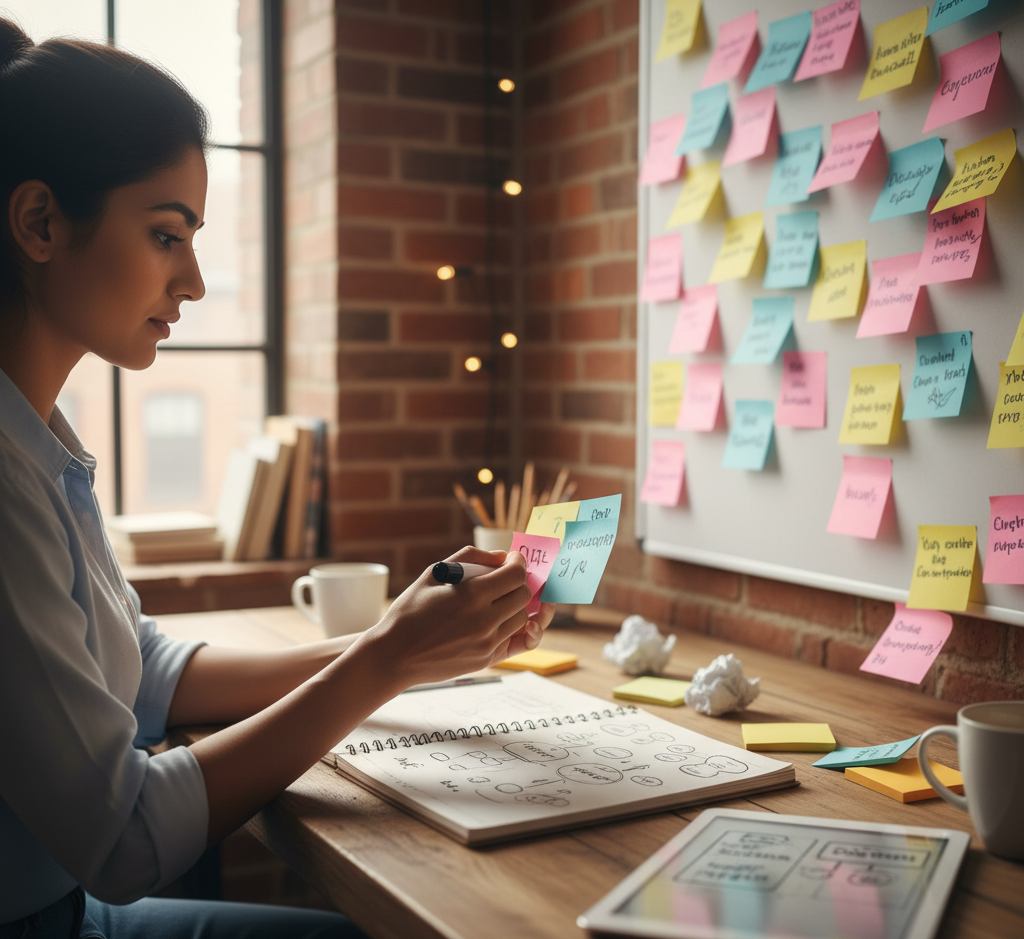 Creative idea generation with notes supported by AI tools.