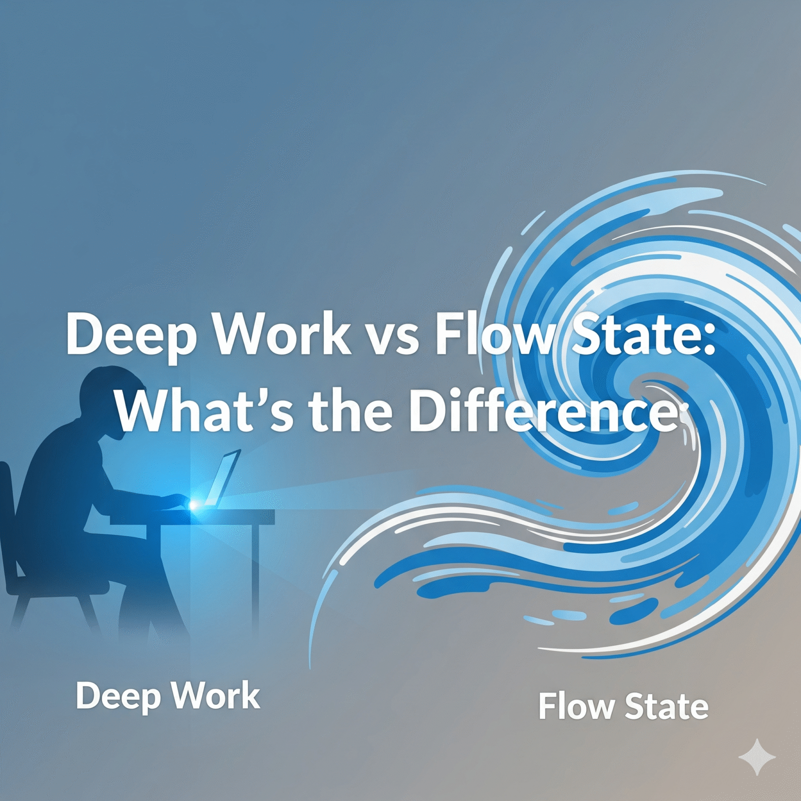 Pinterest graphic with calming minimalist design featuring the title ‘Deep Work vs Flow State: What’s the Difference?’ — a productivity and mindfulness guide for professionals.