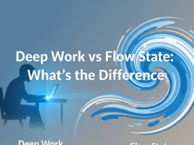 Pinterest graphic with calming minimalist design featuring the title ‘Deep Work vs Flow State: What’s the Difference?’ — a productivity and mindfulness guide for professionals.