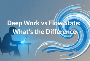 Pinterest graphic with calming minimalist design featuring the title ‘Deep Work vs Flow State: What’s the Difference?’ — a productivity and mindfulness guide for professionals.