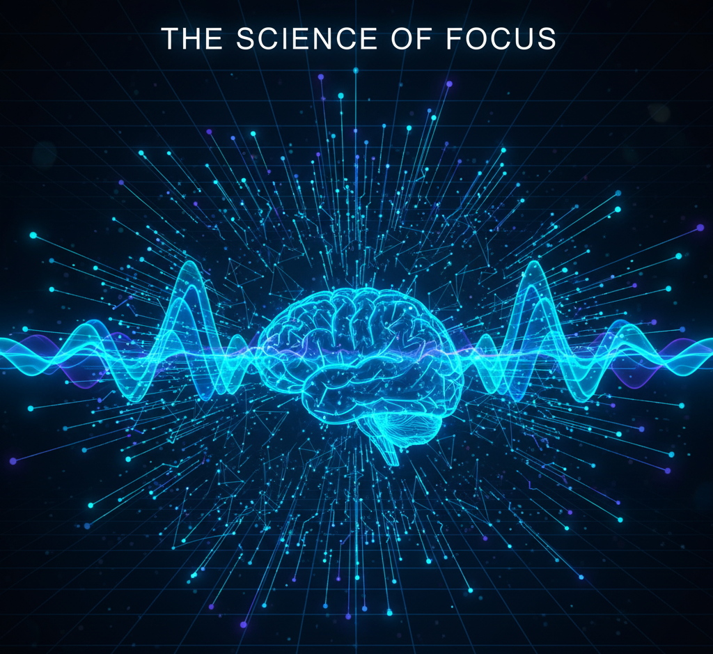 Science of focus music and brain activity illustration.