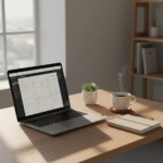 Minimalist digital workspace with laptop, notebook, and coffee — symbolizing calm focus and clarity.