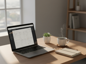 Minimalist digital workspace with laptop, notebook, and coffee — symbolizing calm focus and clarity.