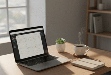 Minimalist digital workspace with laptop, notebook, and coffee — symbolizing calm focus and clarity.