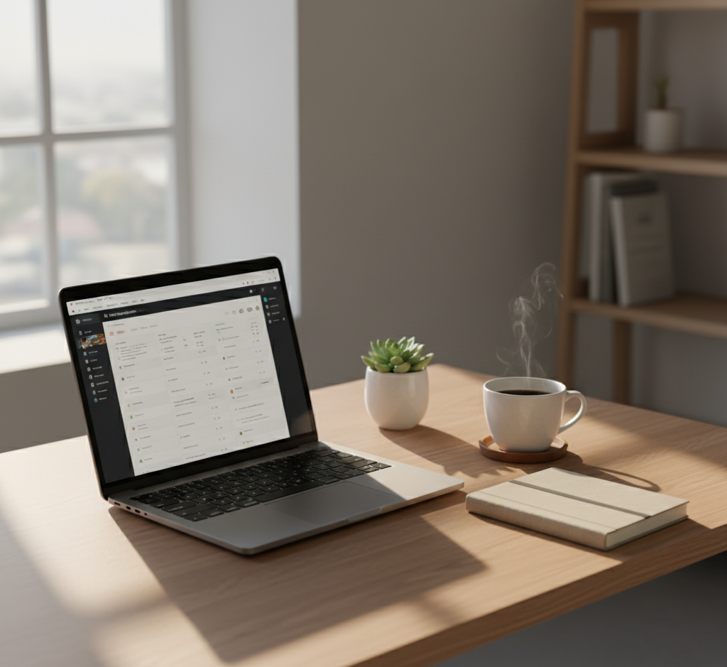 Minimalist digital workspace with laptop, notebook, and coffee — symbolizing calm focus and clarity.