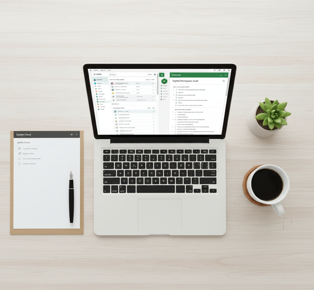 Digital workspace audit concept with laptop and checklist representing awareness and digital organization