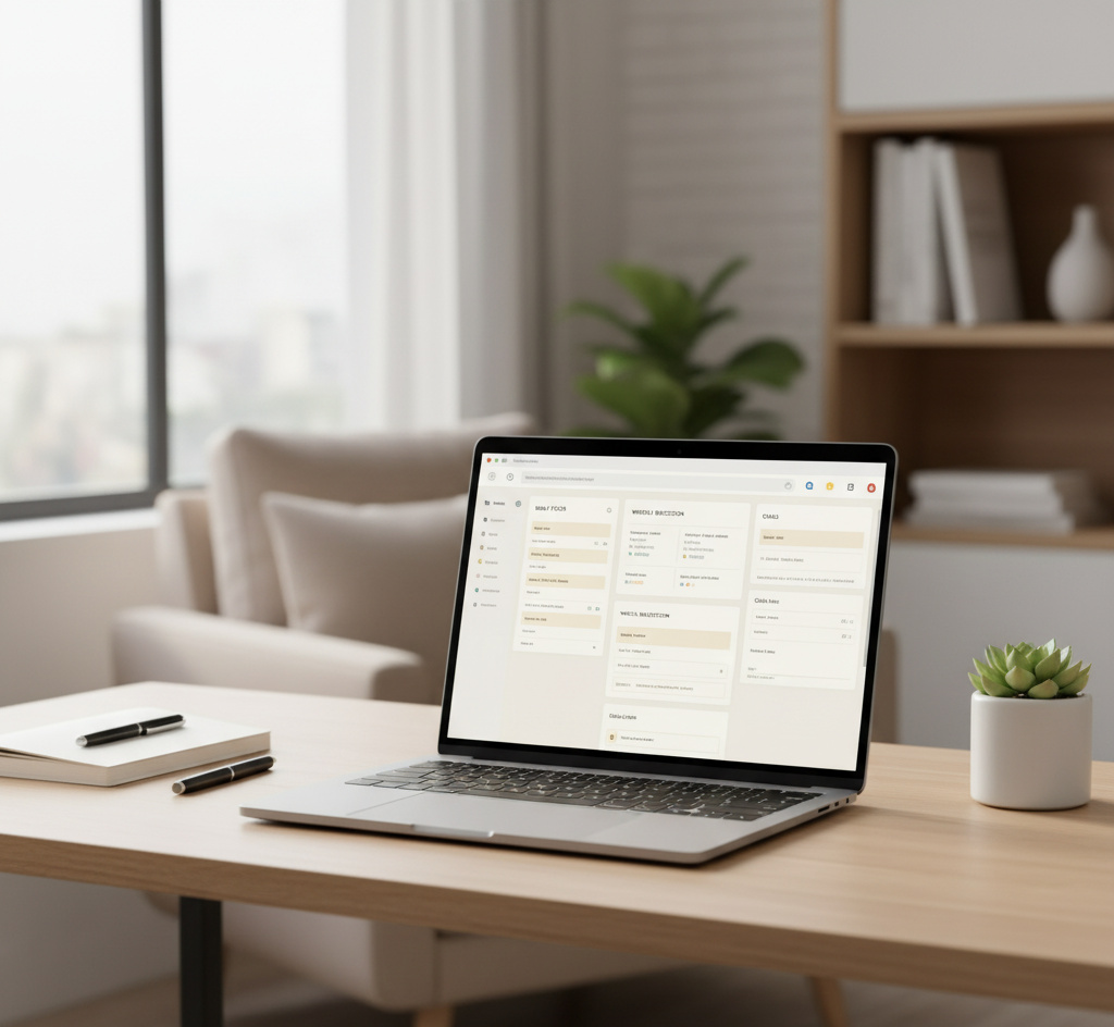 Minimalist workspace featuring Notion dashboard on laptop for organized and mindful productivity