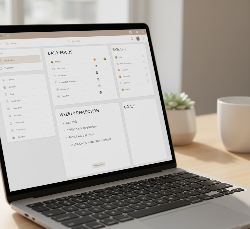 Notion daily planner template on laptop screen with minimalist layout