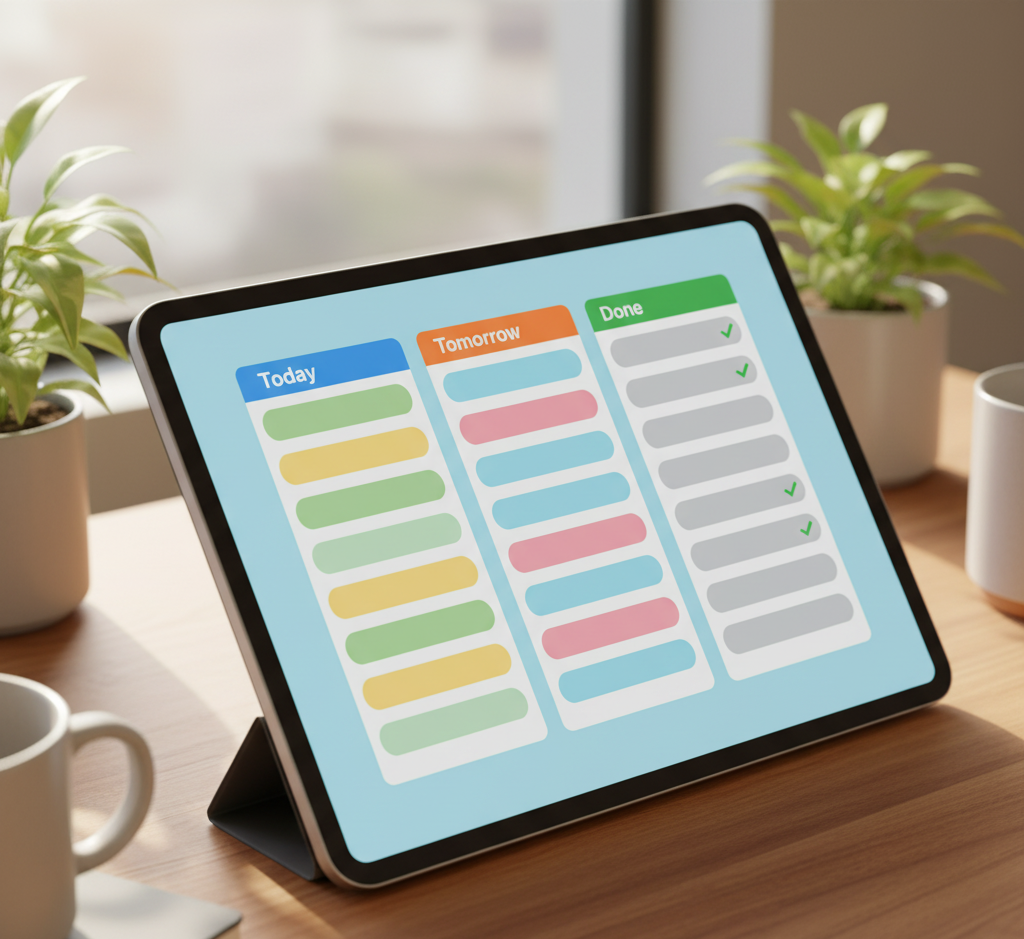 Trello daily planning board on tablet with task columns