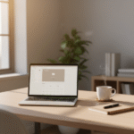 Minimalist workspace with natural light and coffee cup representing calm focus and working smarter.