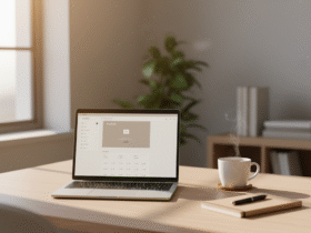 Minimalist workspace with natural light and coffee cup representing calm focus and working smarter.