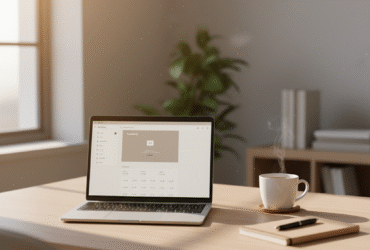 Minimalist workspace with natural light and coffee cup representing calm focus and working smarter.