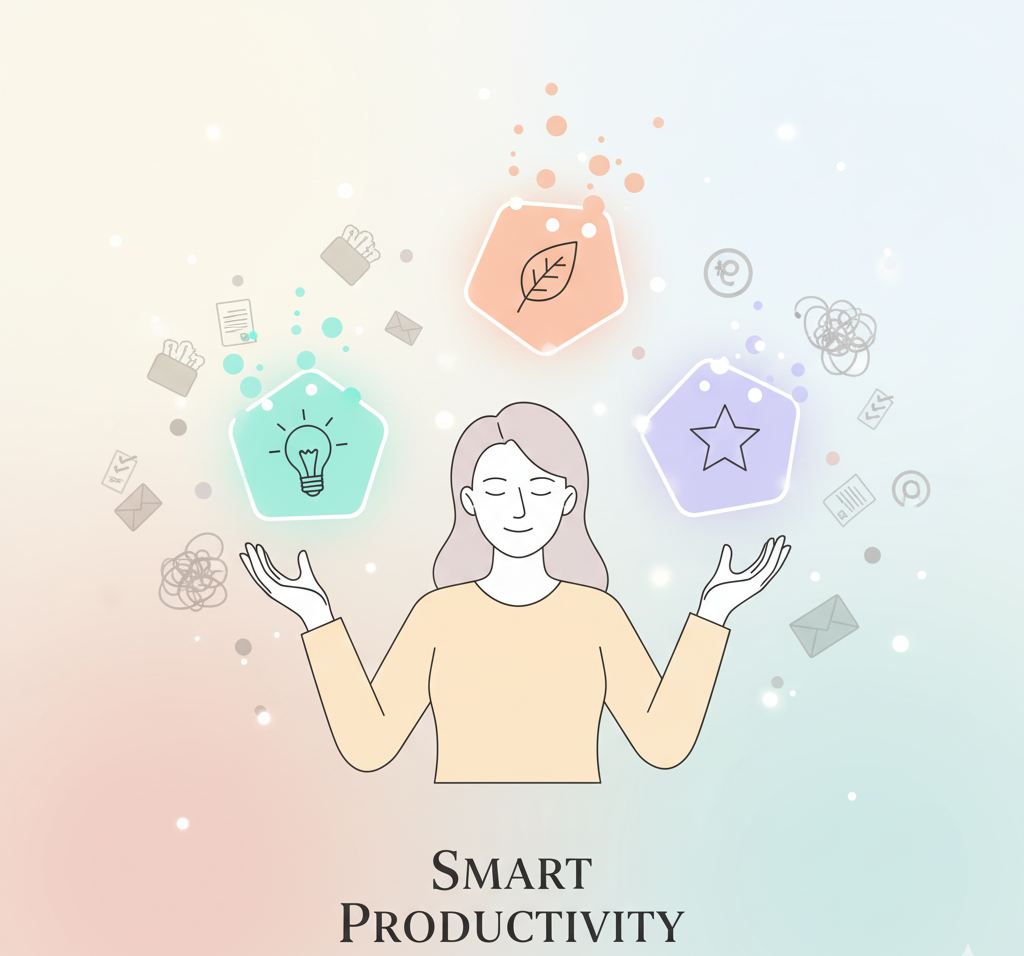 Digital illustration of a person focusing on fewer important tasks while releasing distractions, symbolizing working smarter not harder.