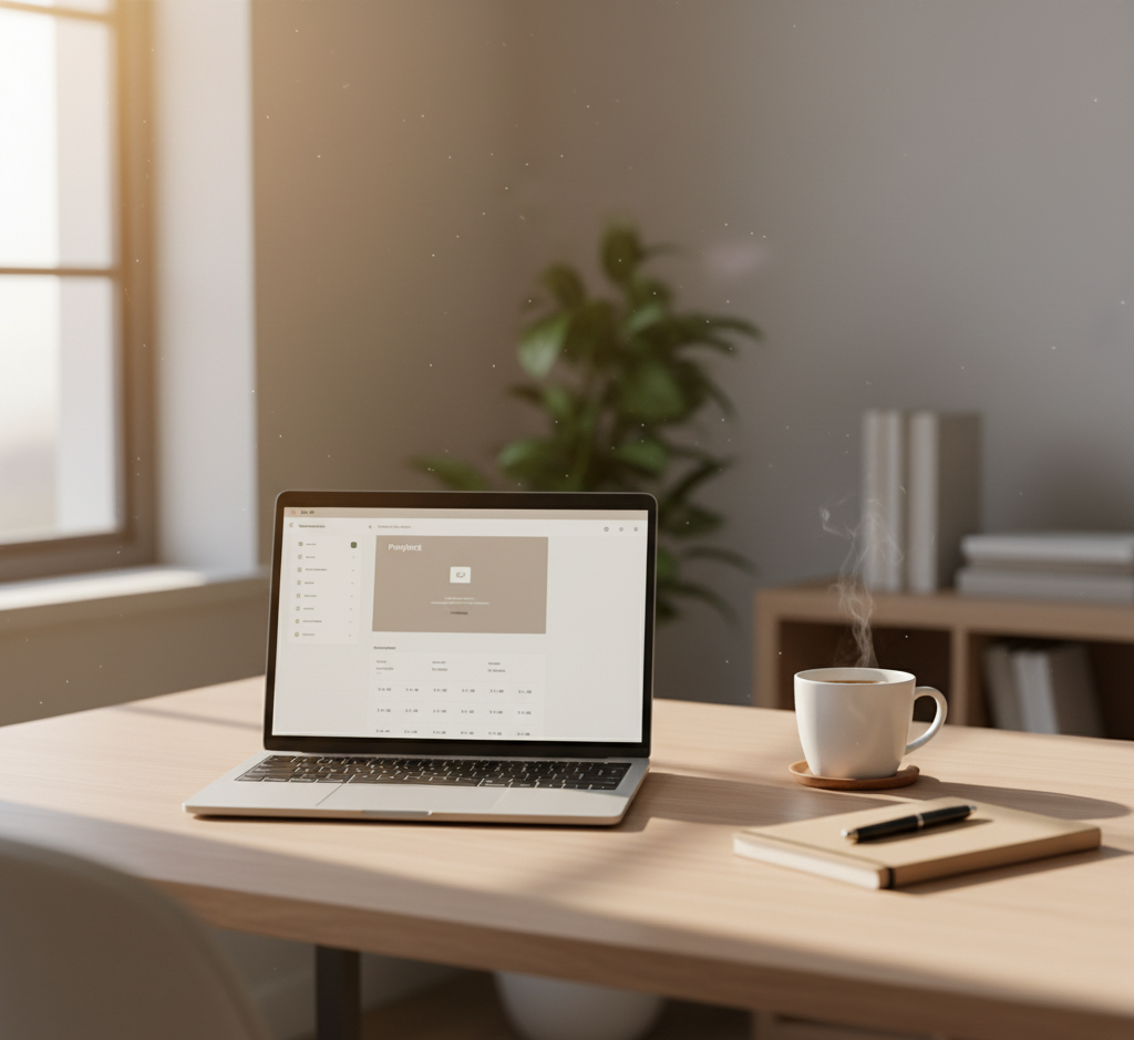 Minimalist workspace with natural light and coffee cup representing calm focus and working smarter.