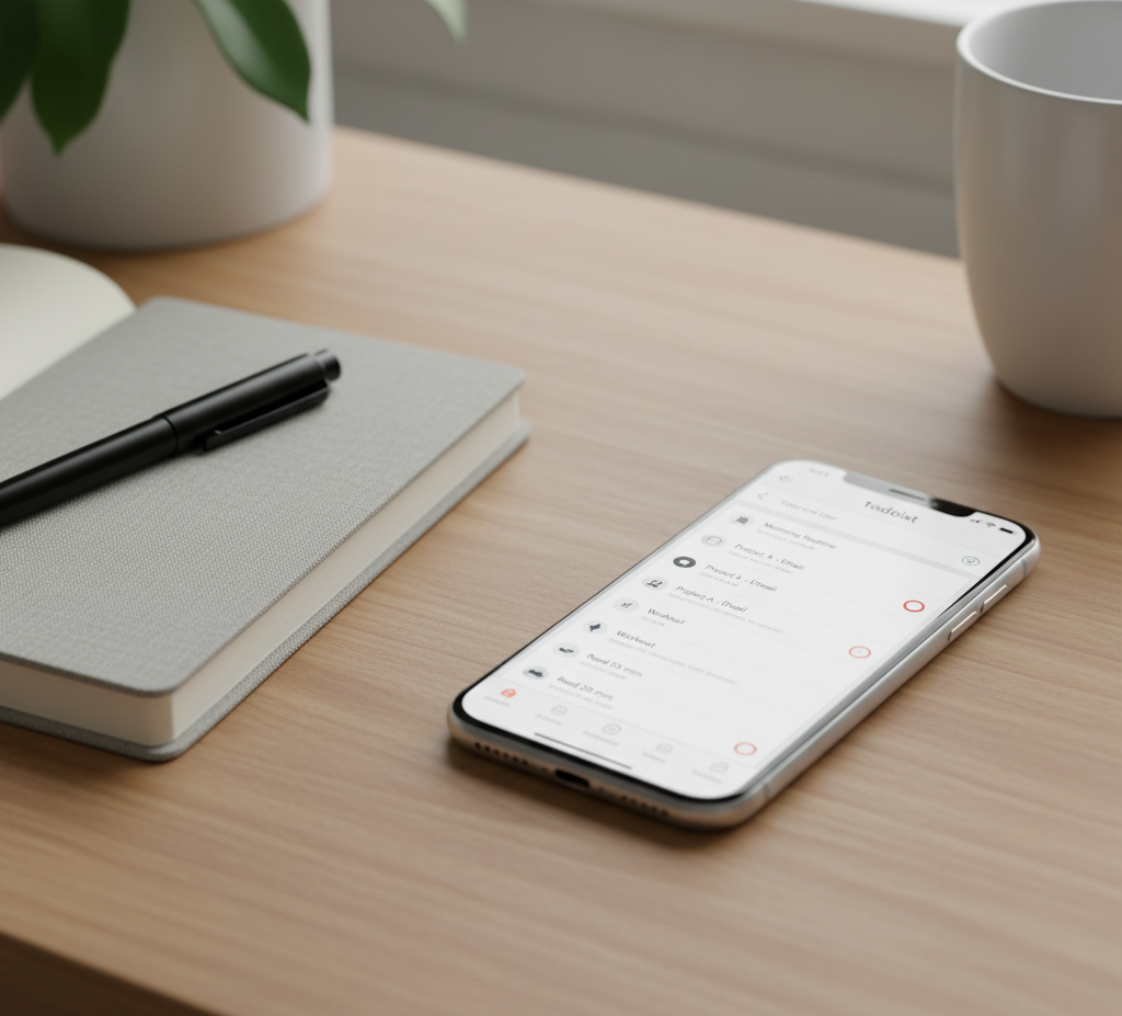 Todoist app to-do list on phone with journal and pen