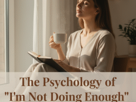 Calm minimalist workspace with a woman journaling near a window, symbolizing mindful reflection and balance.