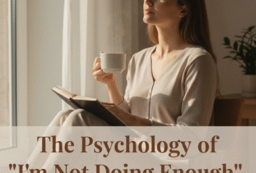 Calm minimalist workspace with a woman journaling near a window, symbolizing mindful reflection and balance.