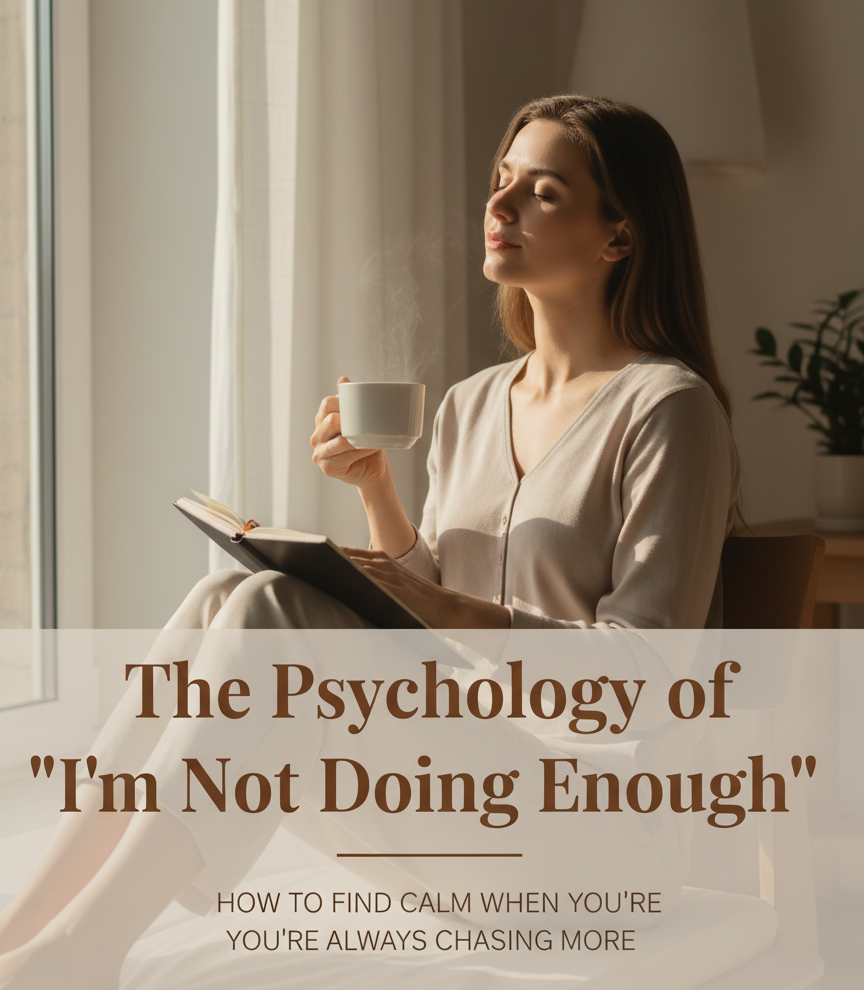 Calm minimalist workspace with a woman journaling near a window, symbolizing mindful reflection and balance.