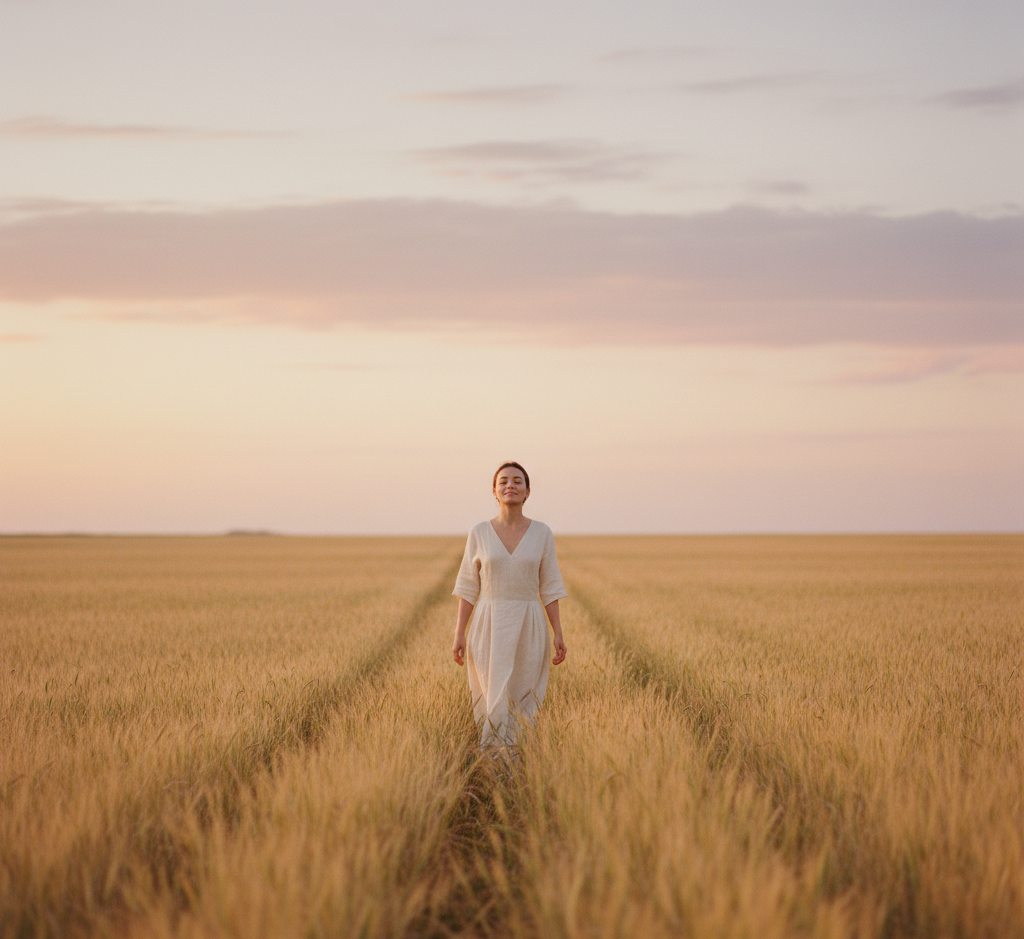 Woman walking through a golden field at sunset, symbolizing peace, mindfulness, and self-acceptance.