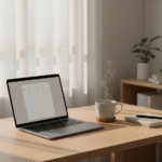 Minimalist workspace with warm light symbolizing calm productivity and focus.