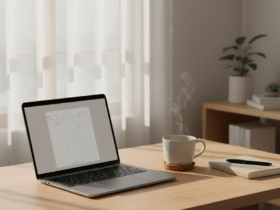 Minimalist workspace with warm light symbolizing calm productivity and focus.